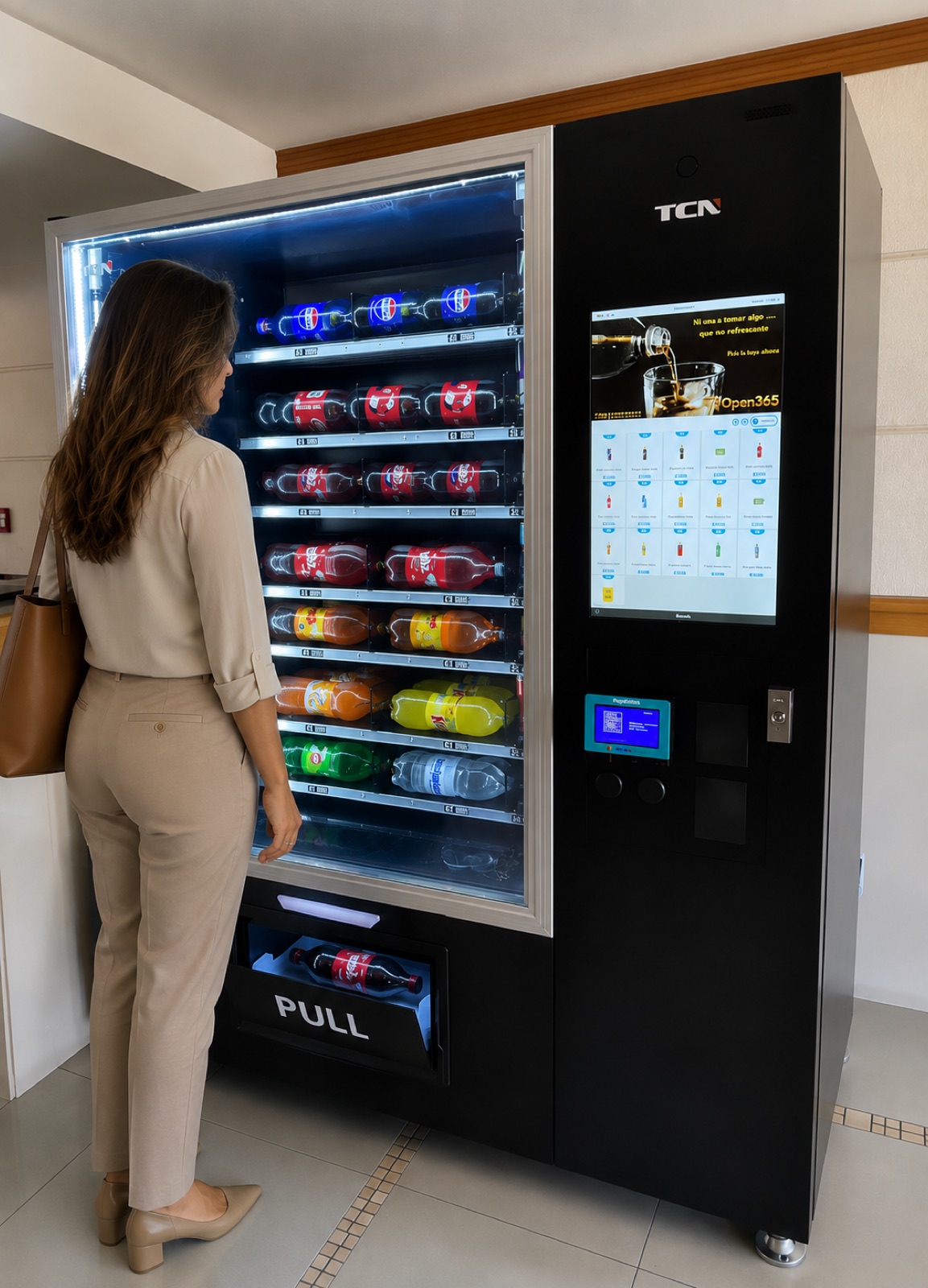 Máquina vending Open365 con pantalla táctil, abastecida con bebidas de 1,5 litros