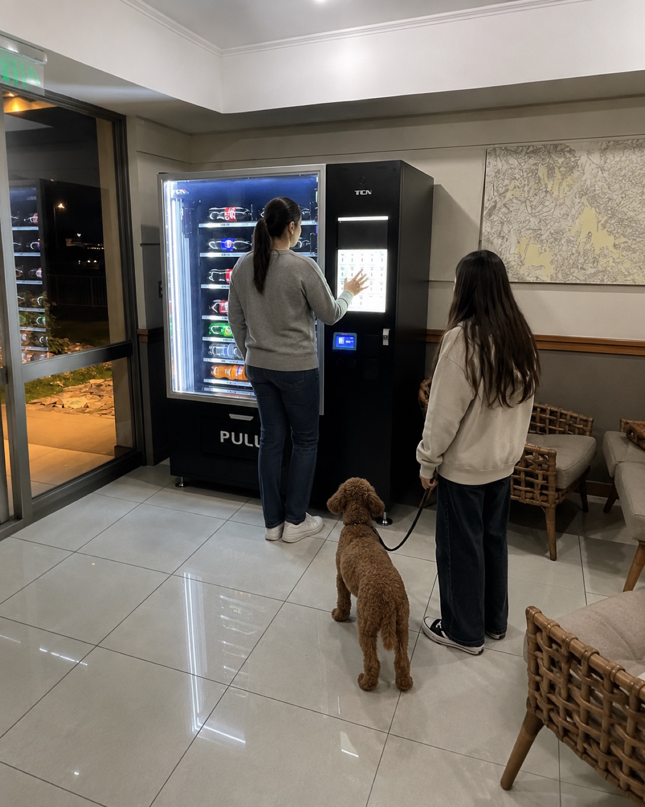 Residentes usando la máquina Open365 en el lobby de su edificio