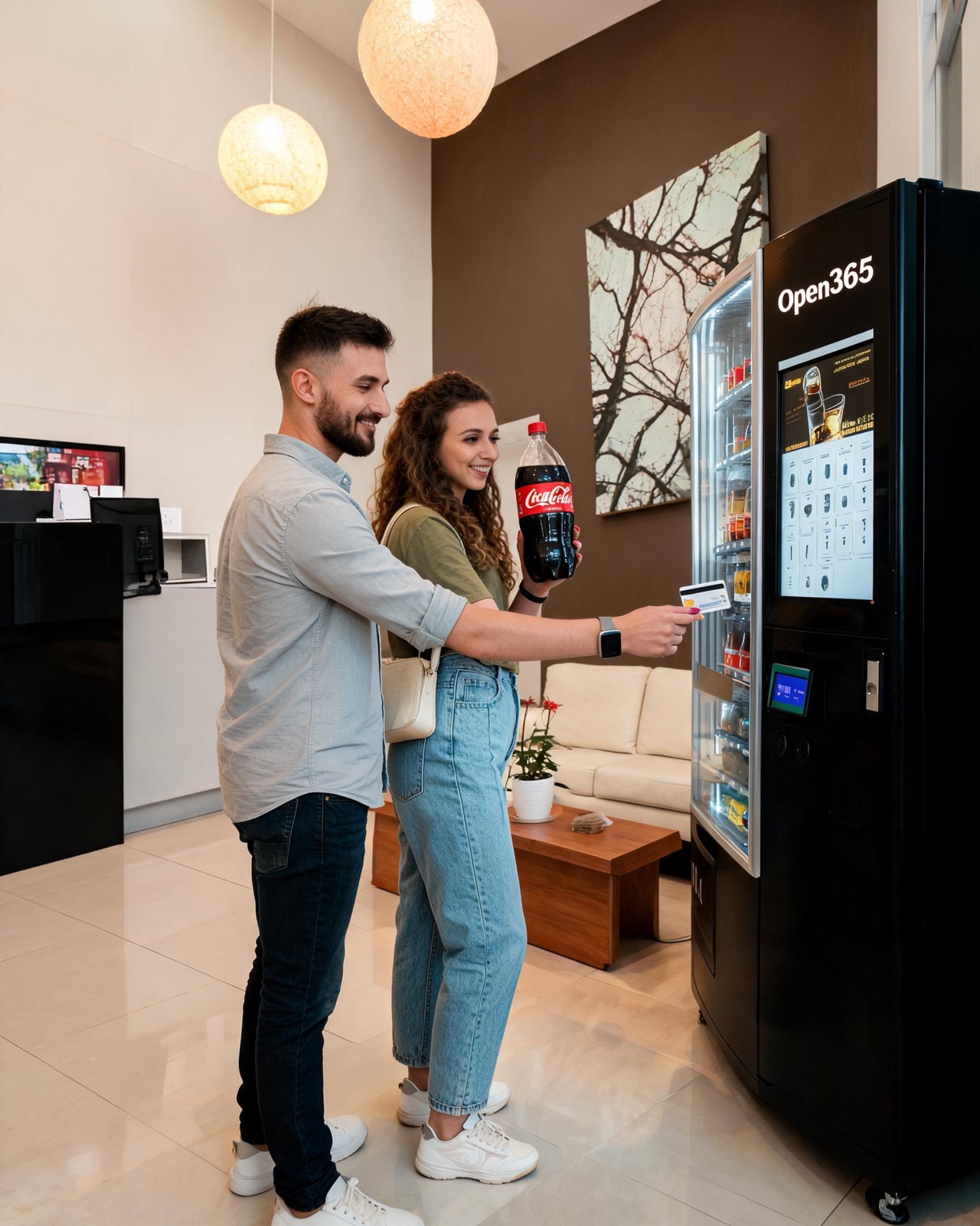 Pareja comprando una bebida de 1,5 litros en la máquina Open365