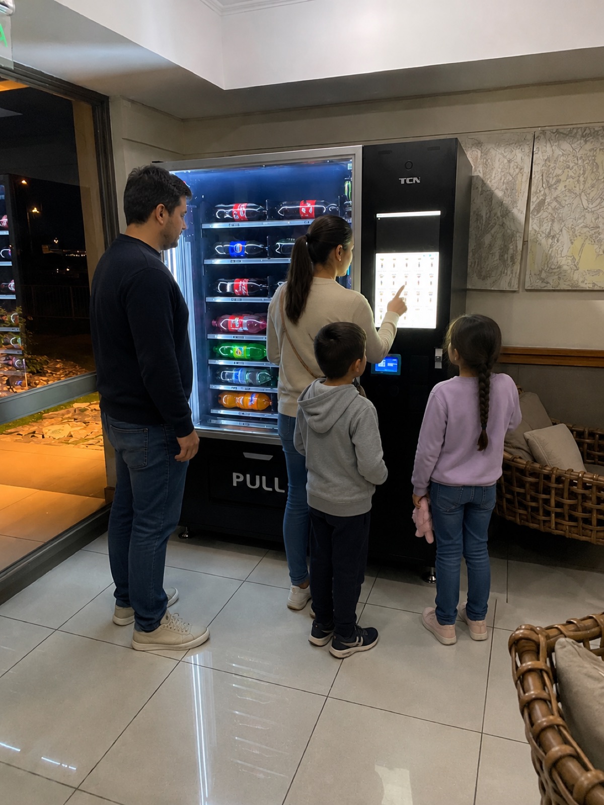 Familia comprando bebidas en la máquina Open365