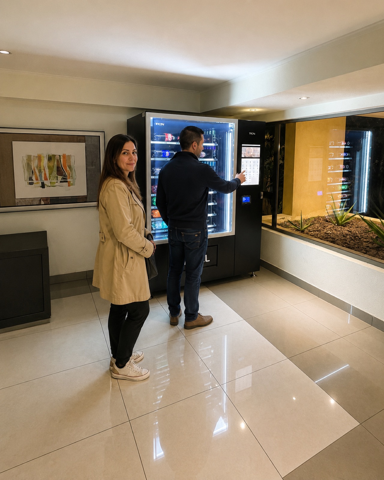 Residentes junto a la máquina Open365 en su condominio